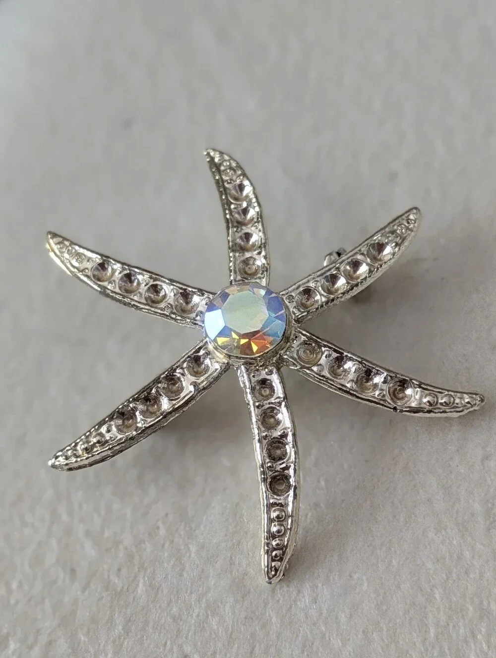Vintage Mid-Century Silver Tone Starfish Brooch Pin with Aurora Borealis